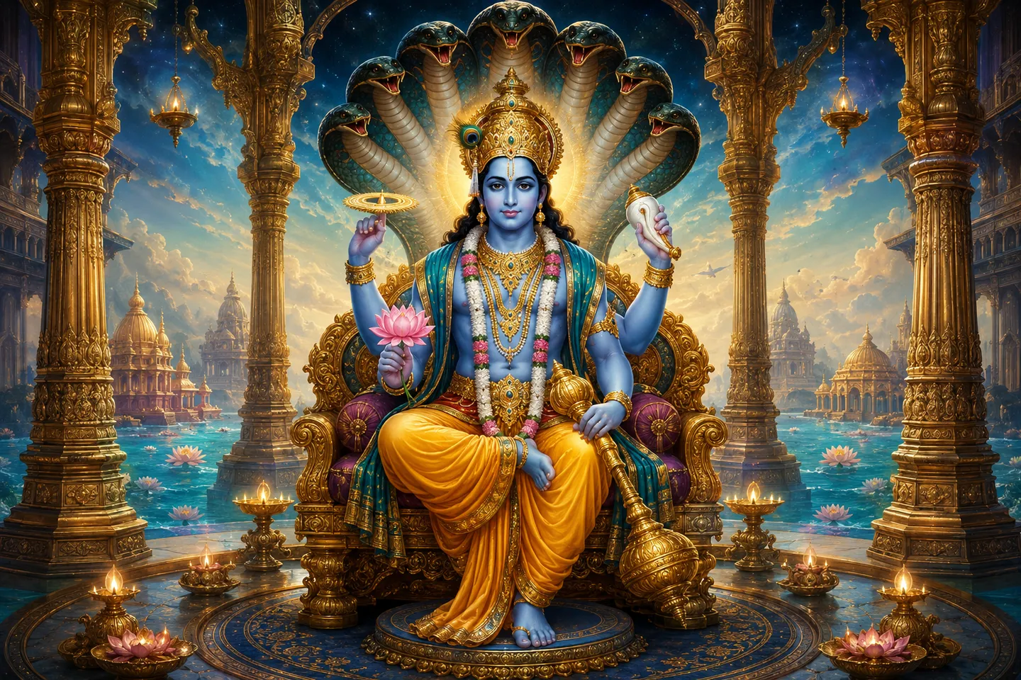 Bhagwan Vishnu in the illustrated Vaikuntha sanctuary